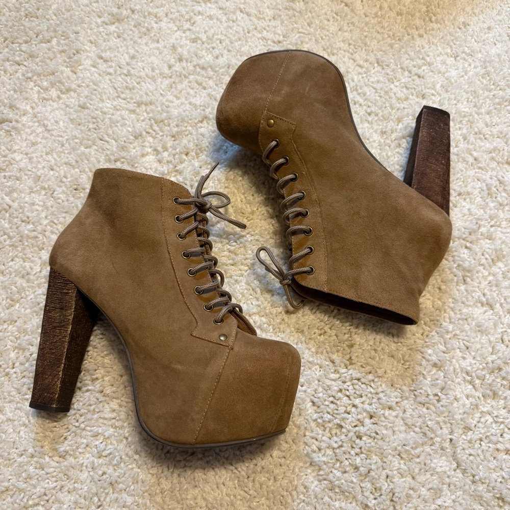 Jeffrey Campbell Lita Tan Brown Suede Chunky Platform Heeled Boots Booties 10